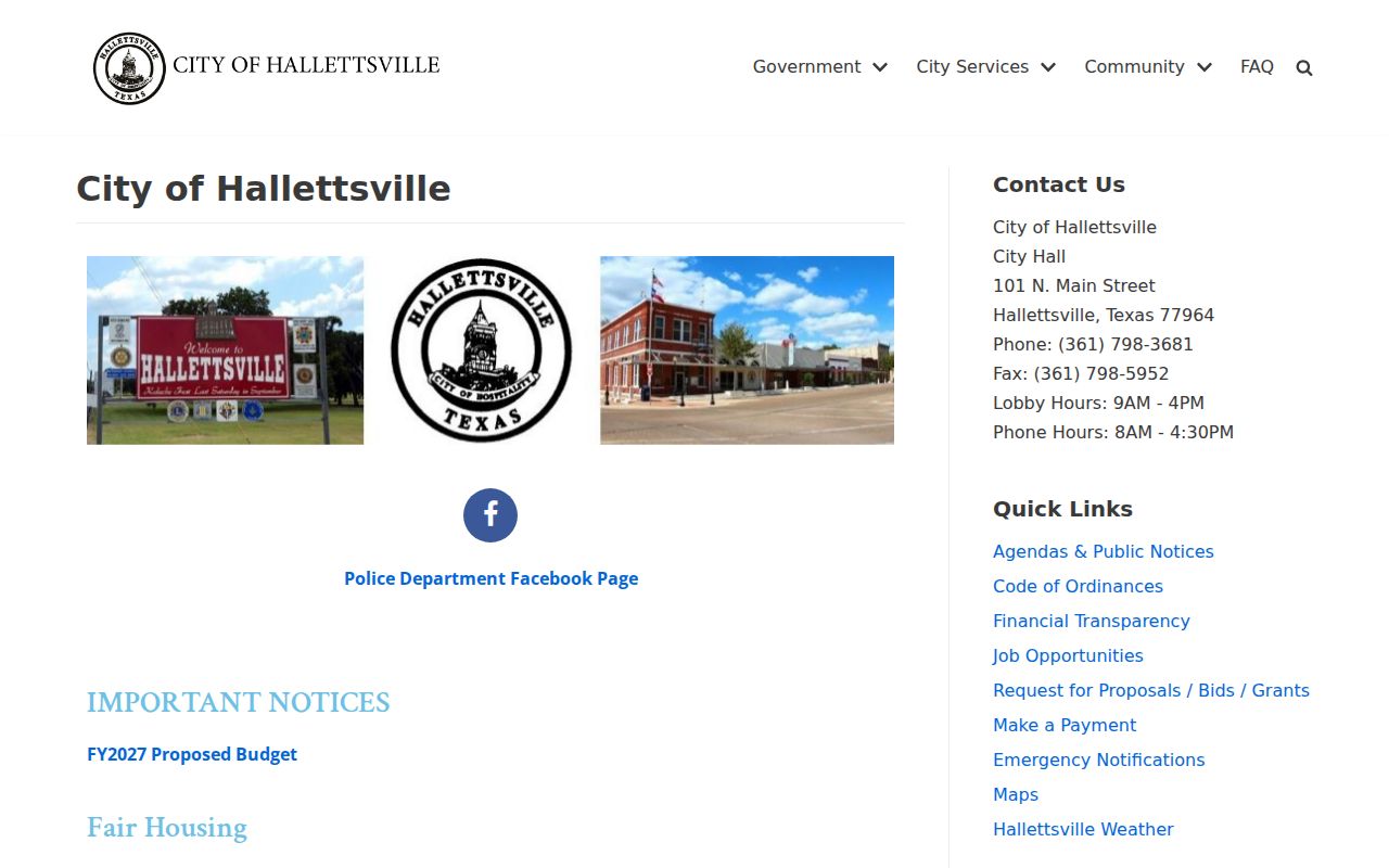 Official City of Hallettsville homepage and county-seat civic imagery