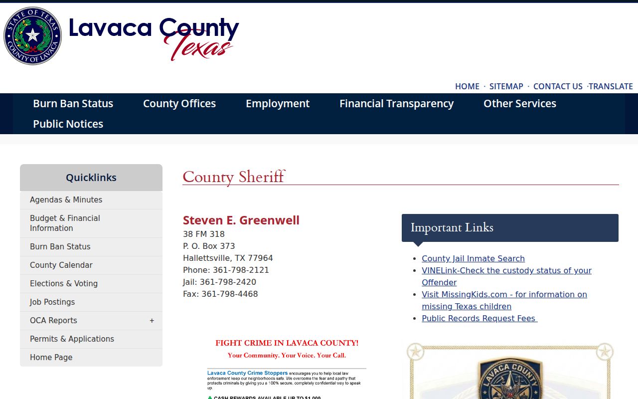 Lavaca County arrest history Sheriff and jail access page