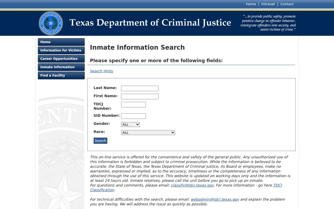 Lavaca County arrest history TDCJ inmate search screen