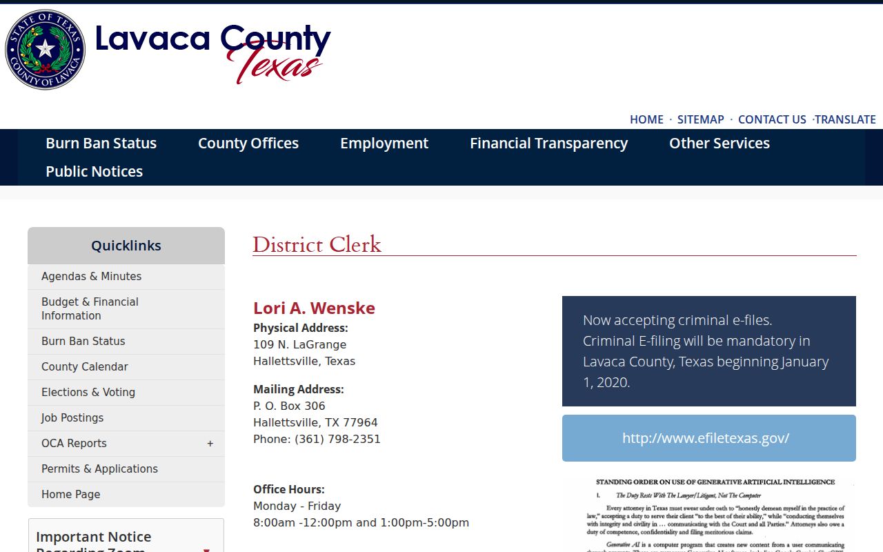 Lavaca County felony criminal case records at the District Clerk