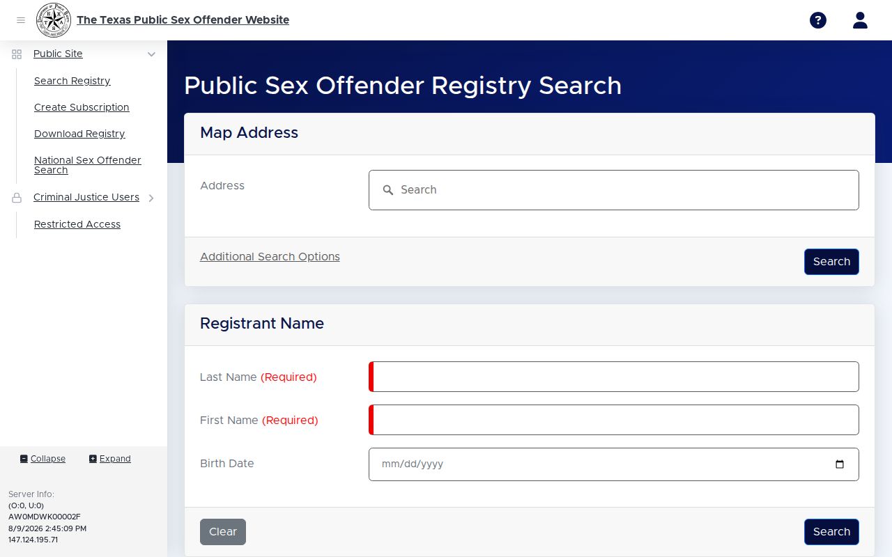 Lavaca County sex offender check Texas DPS registry search form