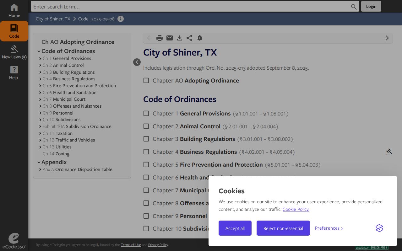 Official Shiner municipal code Chapter 7 webpage