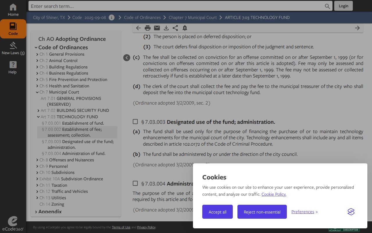 Official Shiner Municipal Court Technology Fund code webpage