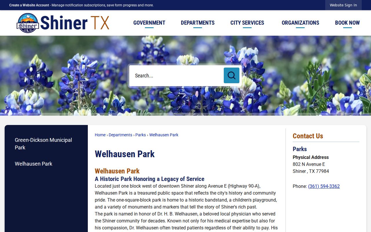Official Shiner Welhausen Park webpage showing the historic local landmark