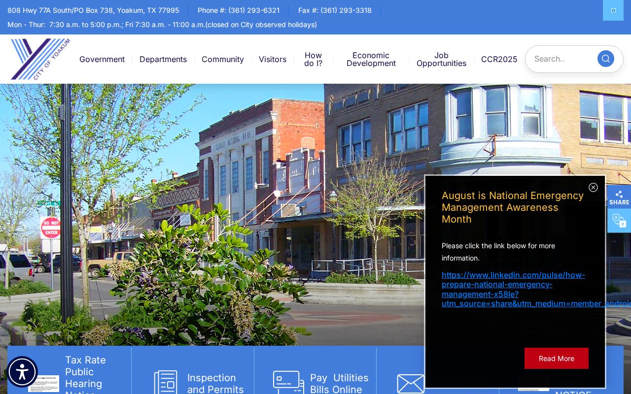 Official City of Yoakum homepage showing city government information