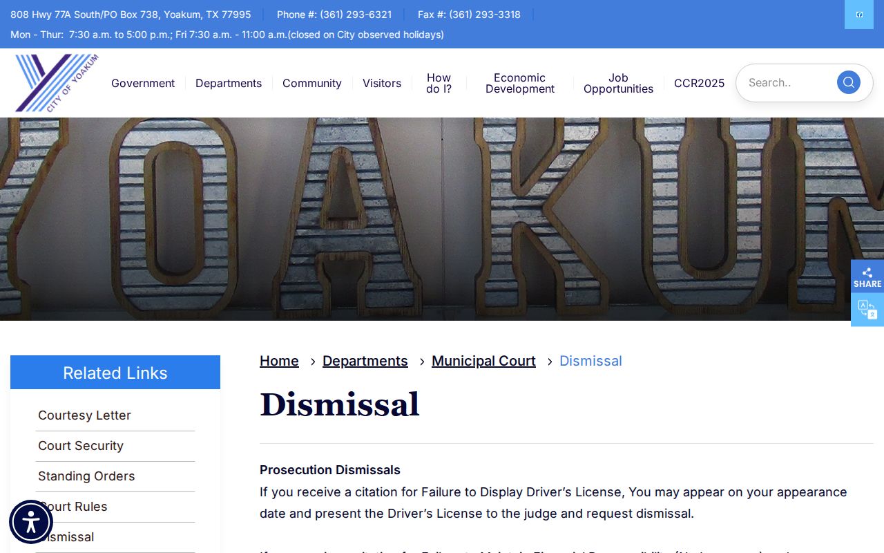 Official Yoakum Municipal Court dismissal procedures webpage
