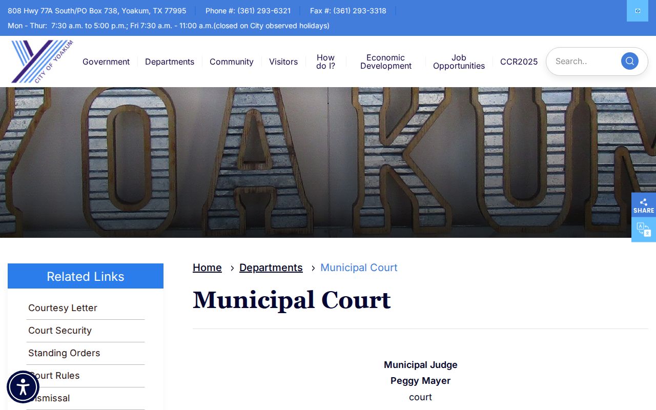 Official Yoakum Municipal Court webpage with court access information