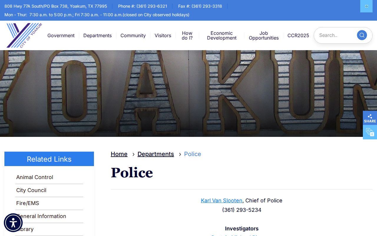 Official Yoakum Police Department contact webpage